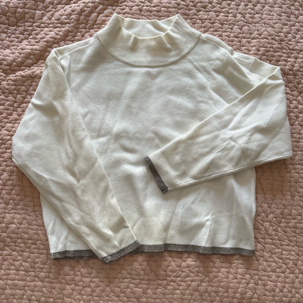 Anthro Carys Cream Turtleneck Sweater with Metallic Silver Trim